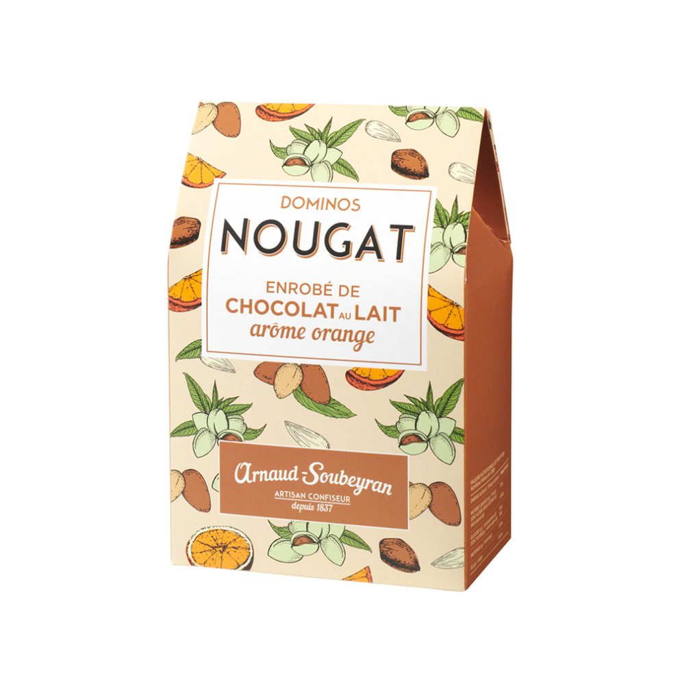 Nougat enrobé chocolat au lait arôme orange - Boite 180gr